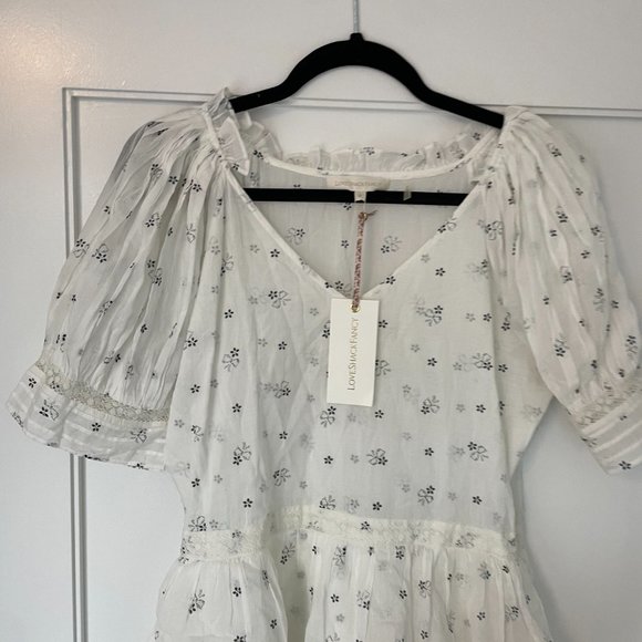 LoveShackFancy Azura Mini Dress White Deep V-neck Puff Sleeves Ruffled Skirt - Picture 7 of 13